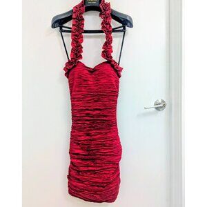 Ruched Red Bodycon Dress Ruffle Halter Juniors Jump Apparel/Wendye Chaitin 1/2